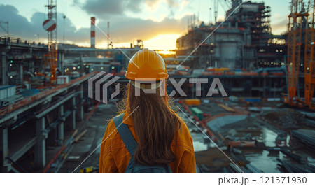 Rear view of woman engineer large construction site worker.Marco.AI Generative. 121371930