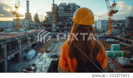 Rear view of woman engineer large construction site worker.Marco.AI Generative. 121371931