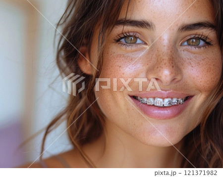 Mouth teeth with braces and cute smile of beautiful woman.Marco.AI Generative. 121371982