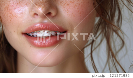 Mouth teeth with braces and cute smile of beautiful woman.Marco.AI Generative. 121371983