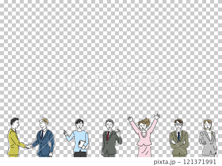 A row of smiling business people, hand-drawn line drawing A row of smiling business people, hand-drawn line drawing 121371991