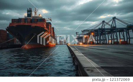 Cargo Ship Docked at Industrial Shipping Port 121372069