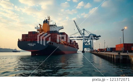 Cargo Ship Docked at Industrial Shipping Port Cargo Ship Docked at Industrial Shipping Port 121372071