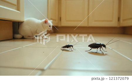 Close-up of cockroaches crawling on a tiled kitchen floor with wooden cabinets in the background 121372079