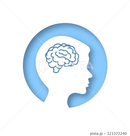 Boy head brain sign icon. Conceptual illustration of migraine in people. Silhouette of a child. Vector clipart illustration. Paper cut Boy head brain sign icon. Conceptual illustration of migraine in people. Silhouette of a child. Vector clipart illustration. Paper cut 121372240