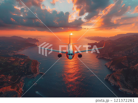 Plane flying above beautiful islands and blue ocean on summer evening sunset view.AI Generative. 121372261