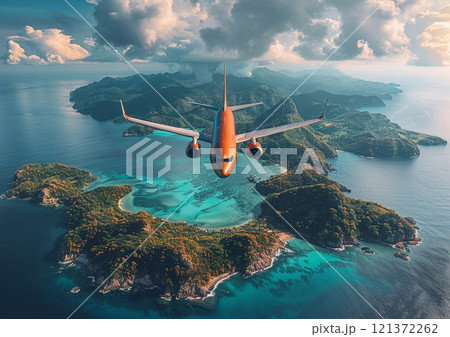 Plane flying above beautiful islands and blue ocean on summer sunny day.Macro.AI Generative. 121372262