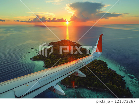 Beautiful island with blue ocean through plane window with visible wing.Macro.AI Generative. 121372267