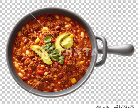 Chili con Carne, spicy Mexican stew with ground beef and beans, vibrant red color, floating in air with dramatic lighting 121372279