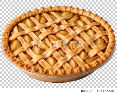 Apple Pie A rustic open-faced golden pie with flaky lattice crust, baked apples glistening with cinnamon syrup, on a transparent 121372280