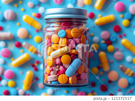 Jar with pills and capsules with antibiotics and painkillers on blue background.Macro.AI Generative. 121372517