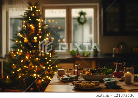 A cozy, eco-friendly nativity scene with a Christmas tree decorated with handmade and recycled ornaments and gifts wrapped in reusable fabric 121372536