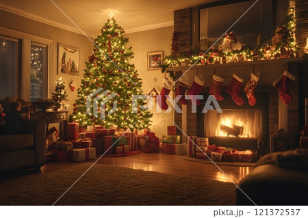 A cozy living room with a beautifully decorated Christmas tree, stockings hanging by the fireplace, all illuminated by soft, warm lighting 121372537