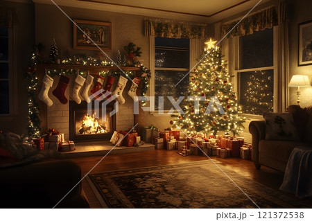 A cozy living room with a beautifully decorated Christmas tree, stockings hanging by the fireplace, all illuminated by soft, warm lighting 121372538
