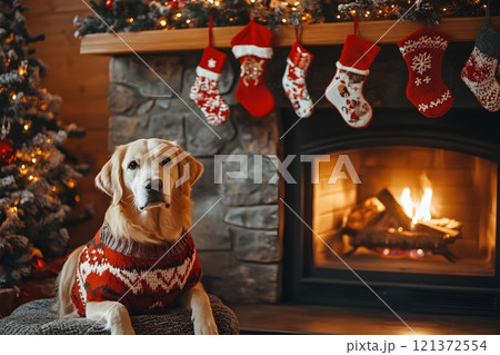 A festive home decorated for Christmas, a dog in a holiday sweater, and pet-themed stockings hanging by the fireplace A festive home decorated for Christmas, a dog in a holiday sweater, and pet-themed stockings hanging by the fireplace 121372554