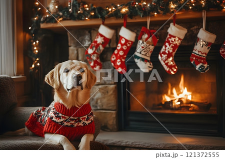 A festive home decorated for Christmas, a dog in a holiday sweater, and pet-themed stockings hanging by the fireplace A festive home decorated for Christmas, a dog in a holiday sweater, and pet-themed stockings hanging by the fireplace 121372555