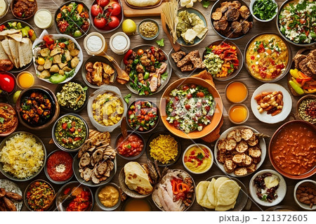 Culinary scenes featuring diverse and inclusive food cultures, including vegan and vegetarian meals, allergy-friendly dishes, and traditional foods from around the world 121372605
