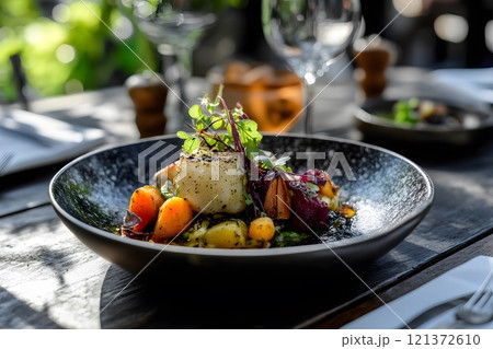 Delicious and beautifully presented dishes view from above 121372610