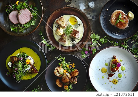 Delicious and beautifully presented dishes view from above 121372611