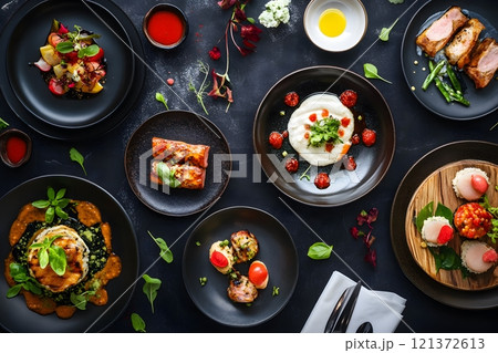 Delicious and beautifully presented dishes view from above 121372613