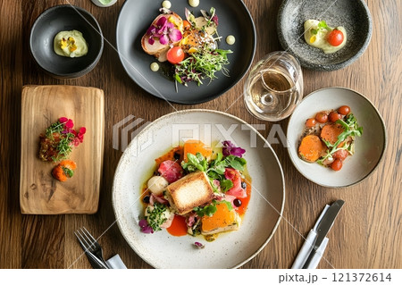 Delicious and beautifully presented dishes view from above 121372614