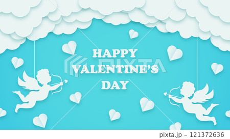 Happy Valentine's Day banner. Holiday turquoise background design with cupids, clouds and hearts. Horizontal poster, greeting card flyer 121372636