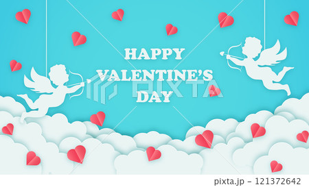 Happy Valentine's Day banner. Holiday turquoise background design with cupids, clouds and hearts. Horizontal poster, greeting card flyer 121372642