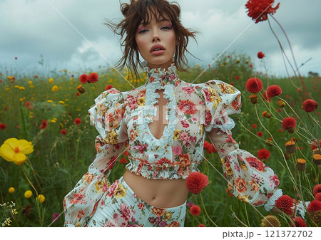 Fashion scene editorial with beautiful woman wearing dress with flowers.Macro.AI Generative. 121372702