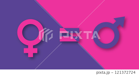 Female and male gender signs on purple and pink background. Vector paper cut illustration. Concept relationship between men and women. The concept of gender equality Female and male gender signs on purple and pink background. Vector paper cut illustration. Concept relationship between men and women. The concept of gender equality 121372724