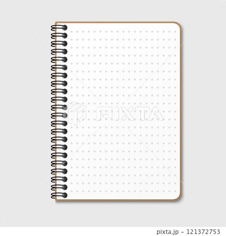 Notepad with a vertical spring spiral. Notebook with a dotted sheet. Isolated vector illustration on a gray background 121372753