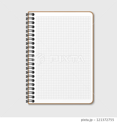 Notepad with a vertical spring spiral. Notebook with checkered sheet. Isolated vector illustration on a gray background 121372755