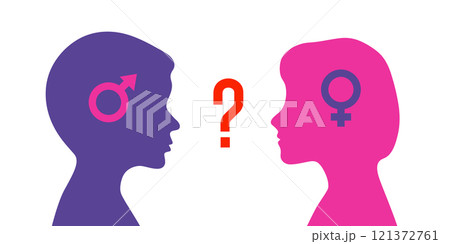 Problem of gender choice for person in modern society. Silhouette profile boy and girl. Multicultural multigender society. Friendship and relationships between people. Diversity gender, choice matter 121372761