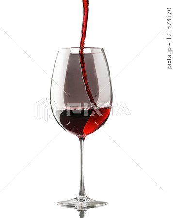 Bold Zinfandel glass, showcasing deep red wine, isolated on transparent, dynamic liquid, rim lighting, 121373170