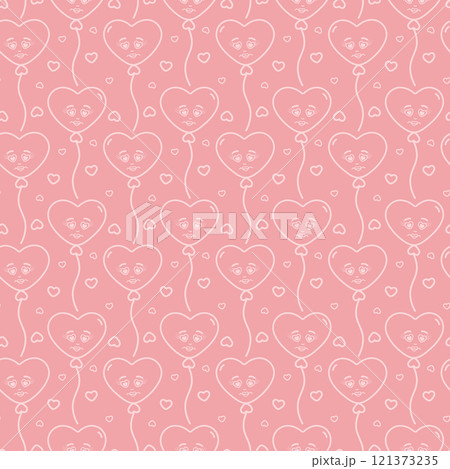 Doodle Heart shape balloons on rope and hearts Outline Seamless pattern on trendy soft pink backdrop Doodle Heart shape balloons on rope and hearts Outline Seamless pattern on trendy soft pink backdrop 121373235