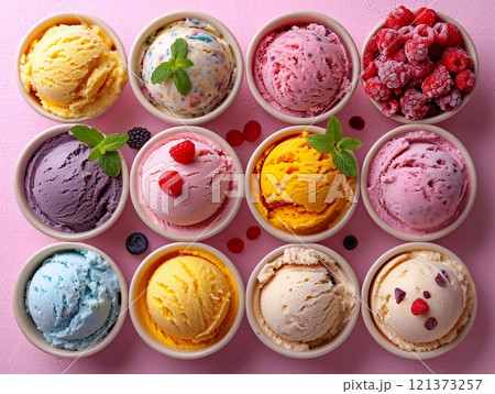 Assorted tasty ice cream scoop in ceramic bowl with berries and fruits.Top view.AI Generative. Assorted tasty ice cream scoop in ceramic bowl with berries and fruits.Top view.AI Generative. 121373257