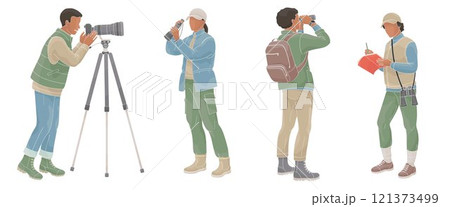 African American Peoples birdwatching, man and women with binoculars, camera, spotting scope and notepad in outdoor clothes 121373499