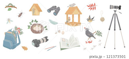 set elements about birdwatching, binoculars, camera, insects, birds, feeder, notebook, bird nest, bird eggs, bird traces 121373501