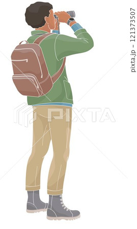 African American man watching with binoculars in outdoor clothes and backpack 121373507