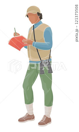 birdwatching African American women with notepad and binoculars in outdoor clothes 121373508