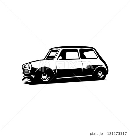 vector illustration of a mini cooper car. isolated white background shown from the side. best for logos, badges, emblems and the vintage car industry. vector illustration of a mini cooper car. isolated white background shown from the side. best for logos, badges, emblems and the vintage car industry. 121373517