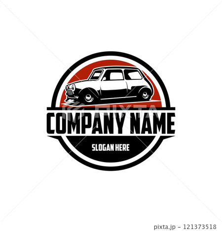 the legend of the mini cooper antique car. isolated badge, emblem, icon, sticker design. best with a view from the side with a stunning sunset backdrop. available in eps 10 121373518