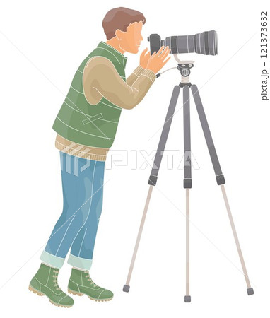 man birdwatching with telephoto camera on tall tripod in outdoor clothes 121373632