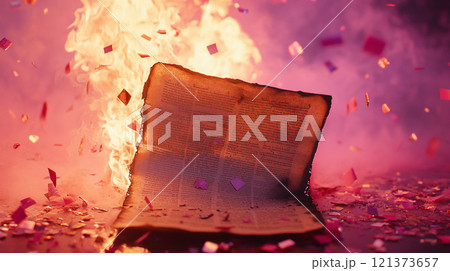 Burning book amidst colorful confetti in a dramatic celebration setting. Generative AI 121373657
