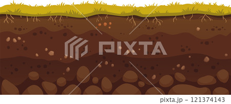 Green grass growing on brown soil layers with visible roots and rocks, representing a healthy and fertile ground perfect for agriculture and gardening 121374143