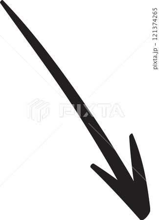 Downward pointing black arrow diagonally crossing a clean white background, representing direction, descent, or a trend indicating decrease and decline in various contexts 121374265