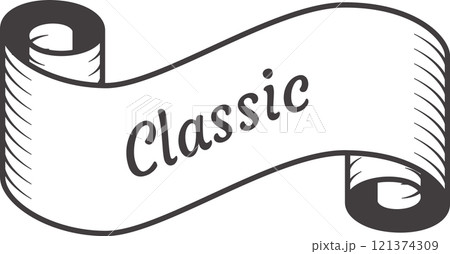 Classic vintage ribbon banner scroll design element with the word classic written in cursive font and vintage style shading representing tradition, quality and elegance 121374309