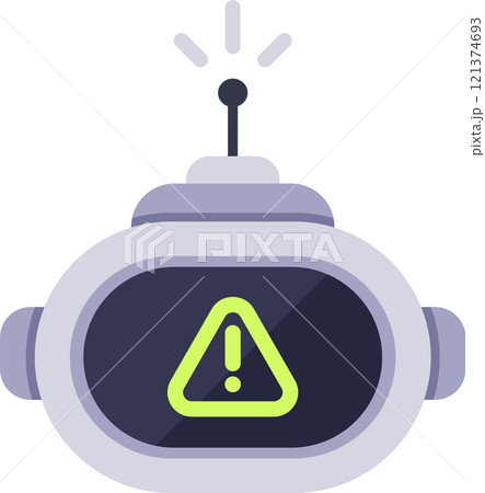 Robot showing warning alert sign on screen and flashing antenna, potential error or malfunction, artificial intelligence concept, flat vector illustration isolated on white background Robot showing warning alert sign on screen and flashing antenna, potential error or malfunction, artificial intelligence concept, flat vector illustration isolated on white background 121374693
