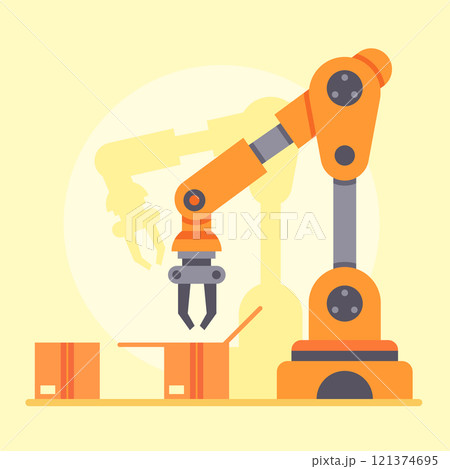 Orange robotic arm packing products into cardboard boxes on an assembly line, representing automation in modern warehouse and industry 4.0 concept 121374695