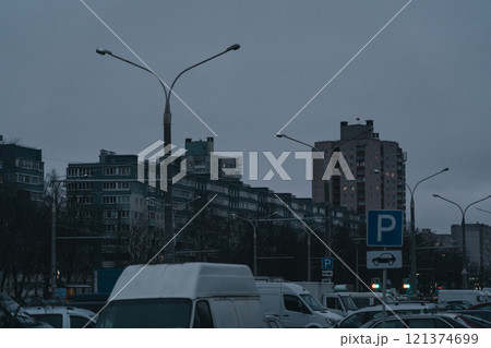 Grey, Soviet panels in the distance in the evening. Minsk in the evening 121374699