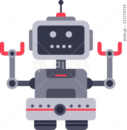 Cartoon robot waving with claw hands, featuring an antenna on its head, a screen face and a camera on its chest, embodies a playful and futuristic concept Cartoon robot waving with claw hands, featuring an antenna on its head, a screen face and a camera on its chest, embodies a playful and futuristic concept 121374714